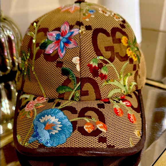 Gucci Brown Floral Embroidered Hat - Picture 1 of 4